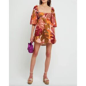 Kourt Robbie Babydoll Puff Sleeve Dress Tropical Print Mini Dress Size XSmall